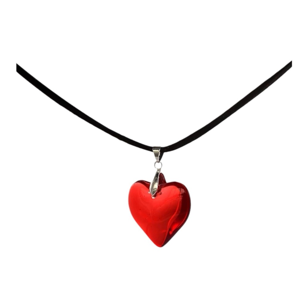 Red Heart Glass Pendant Necklace Black Rope Cord Valentine Gift For Her Love
